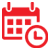 Red calendar and clock icon on black.