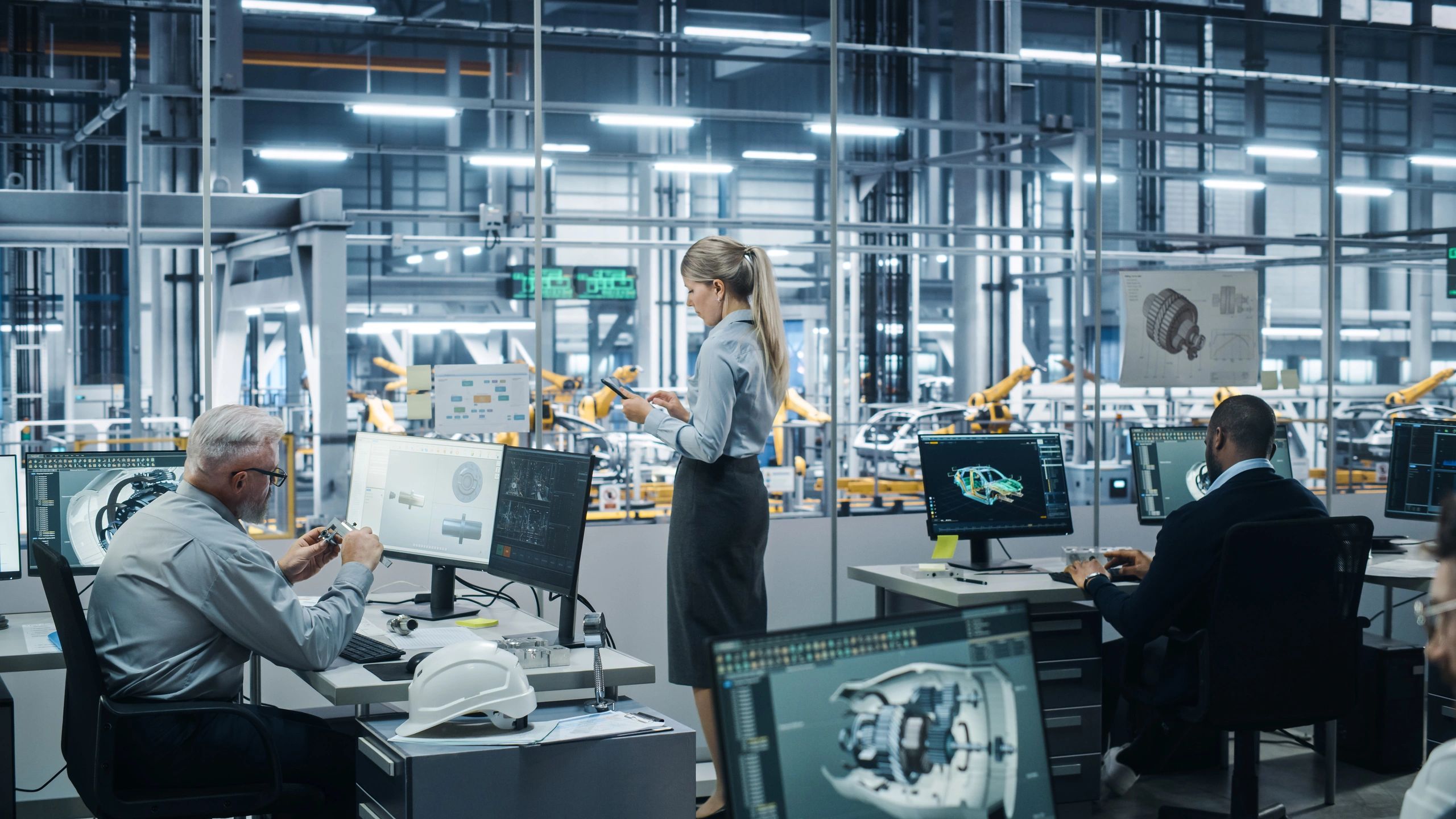 Engineering team using digital tools in an automotive factory office