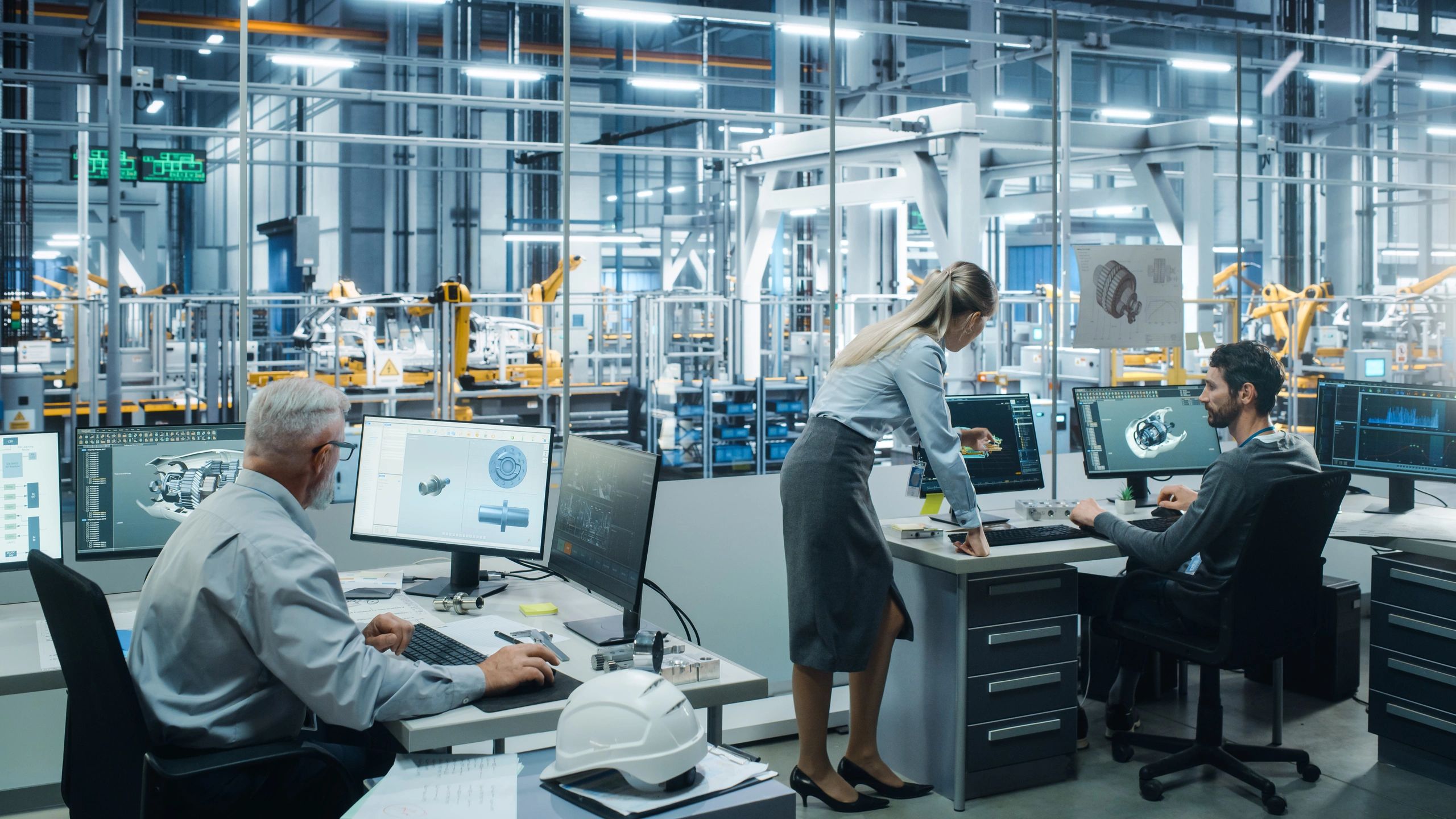 Engineering team reviewing digital manufacturing systems