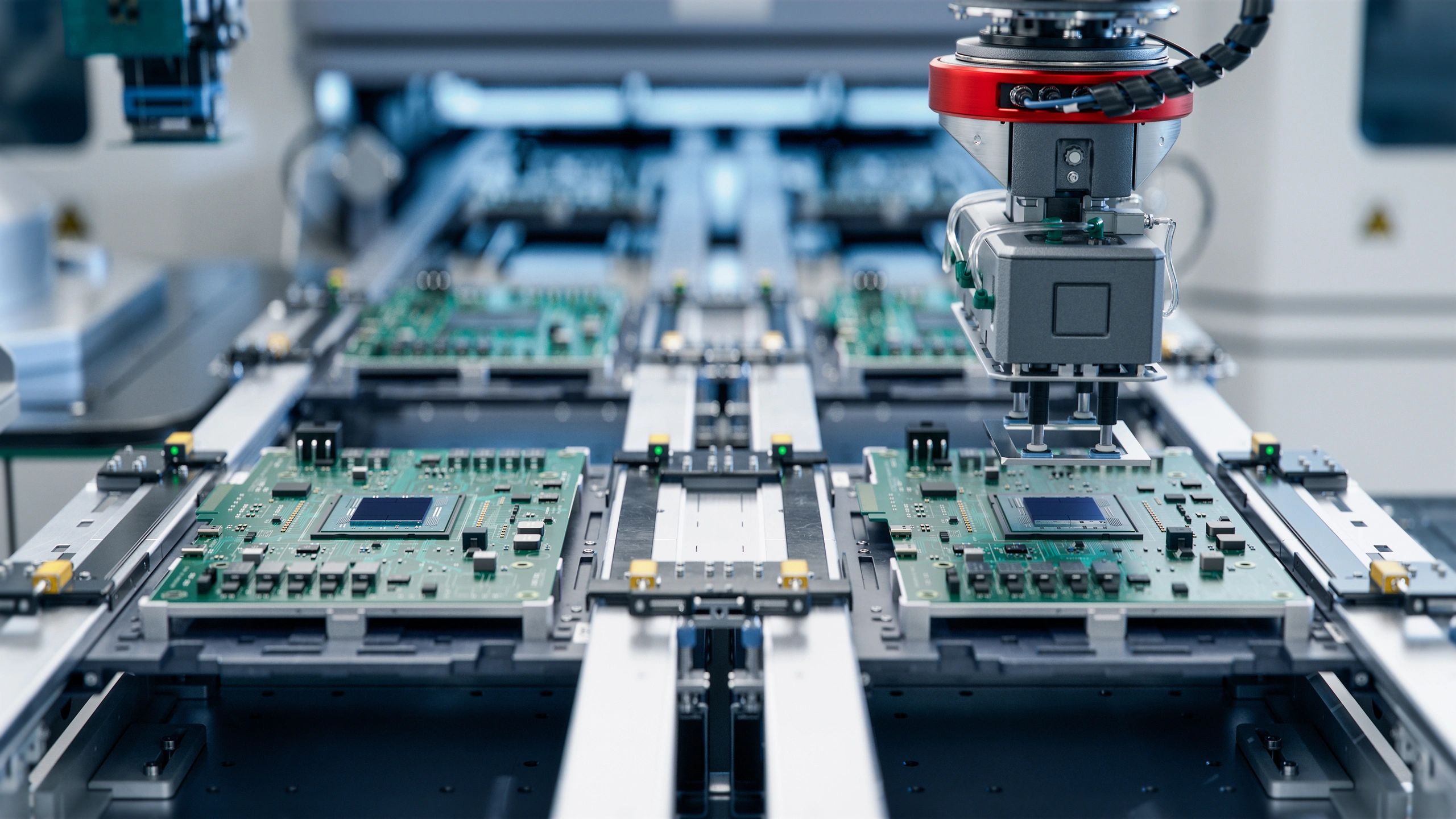 Automated PCB assembly line installing components on a circuit board in a modern electronics factory