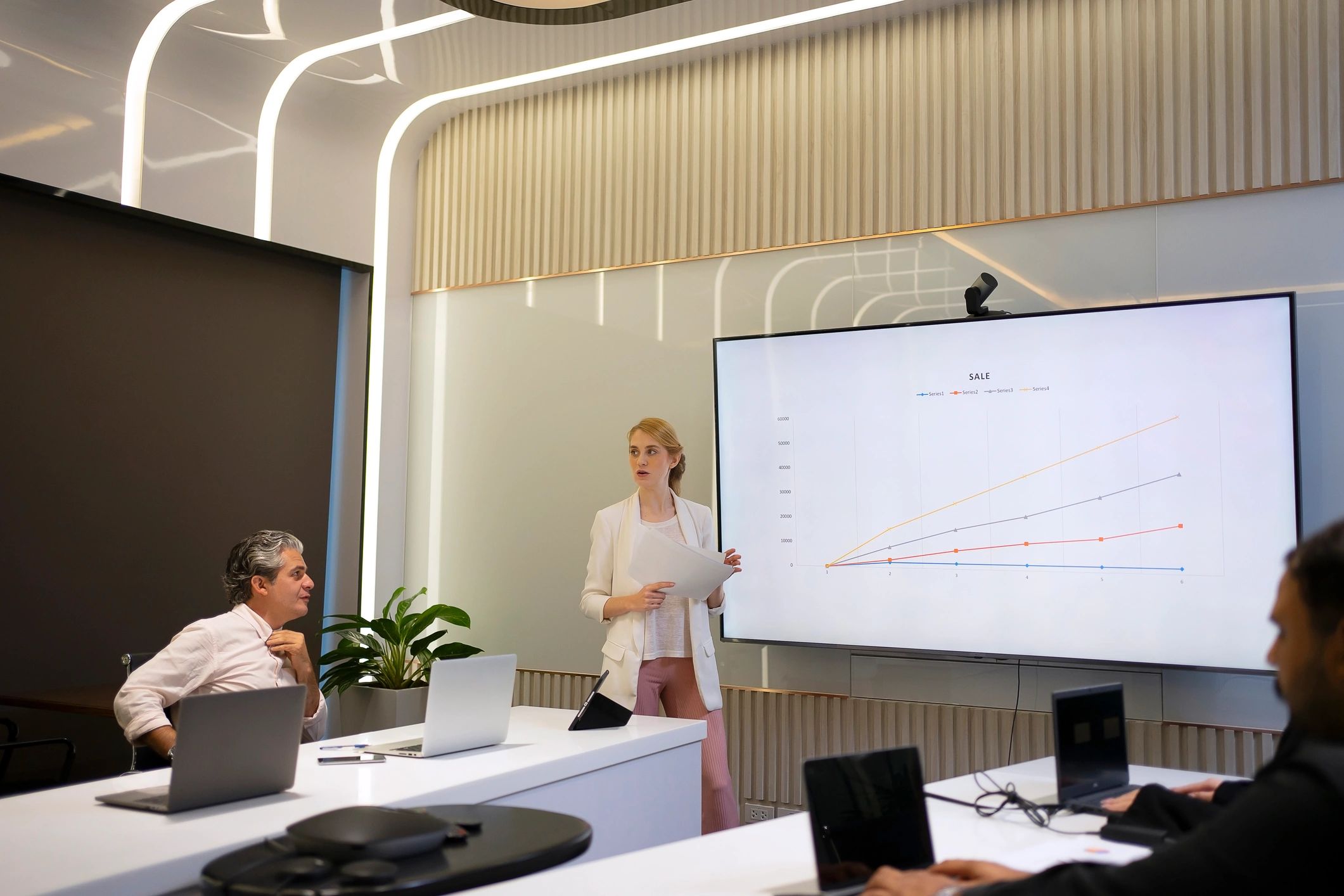 Professional team in a webinar-style strategy meeting