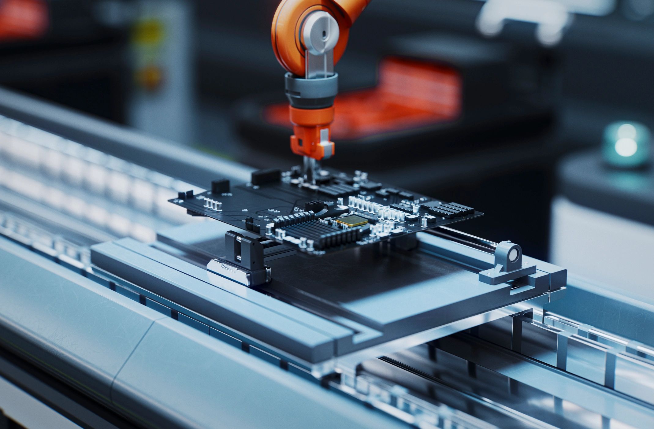 Robotic arm assembling a motherboard on an automated production line in a high-tech factory